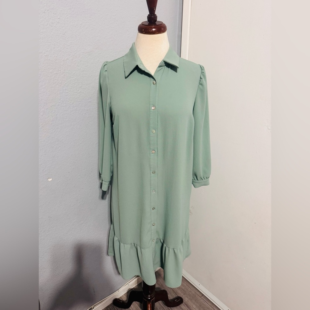 Monteau Women Light Green Textured‎ Collared Long Sleeve Layered Dress SZ M